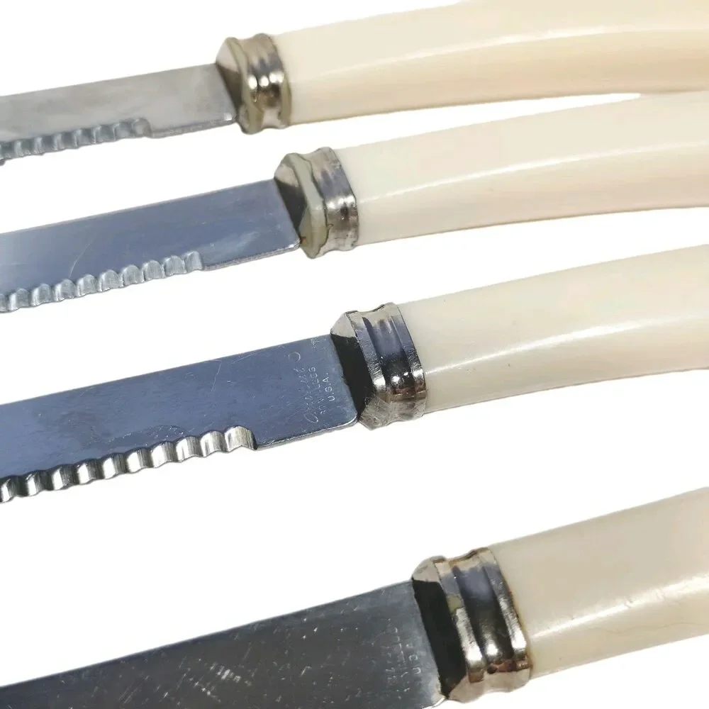 Vintage Quikut Steak Knives Set Of 4 Cream Ivory Handle Serrated USA MCM